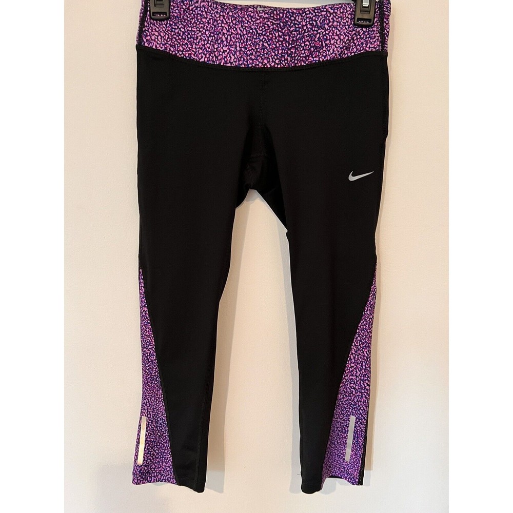 🤩Nike Women's Dri-Fit Purple and Black Running Capris w/zip pocket Size Small